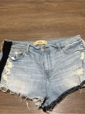 Hollister Light Blue Distressed Denim Shorts with Black Lace Accent upcycled sl